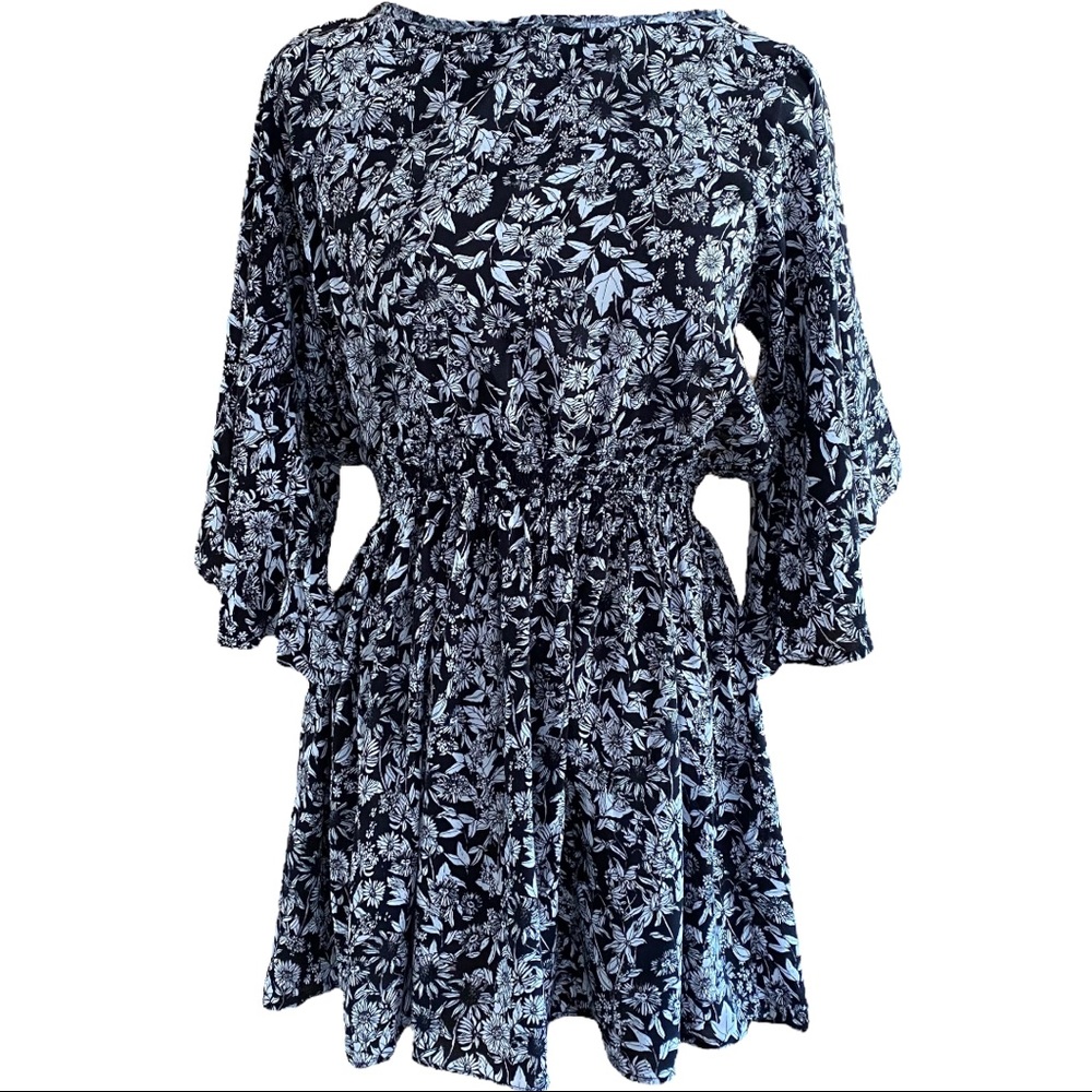 Olivaceous • Black & White Floral Open Back Mini Dress